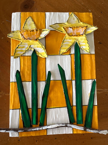 Two Daffodils on Orange and White