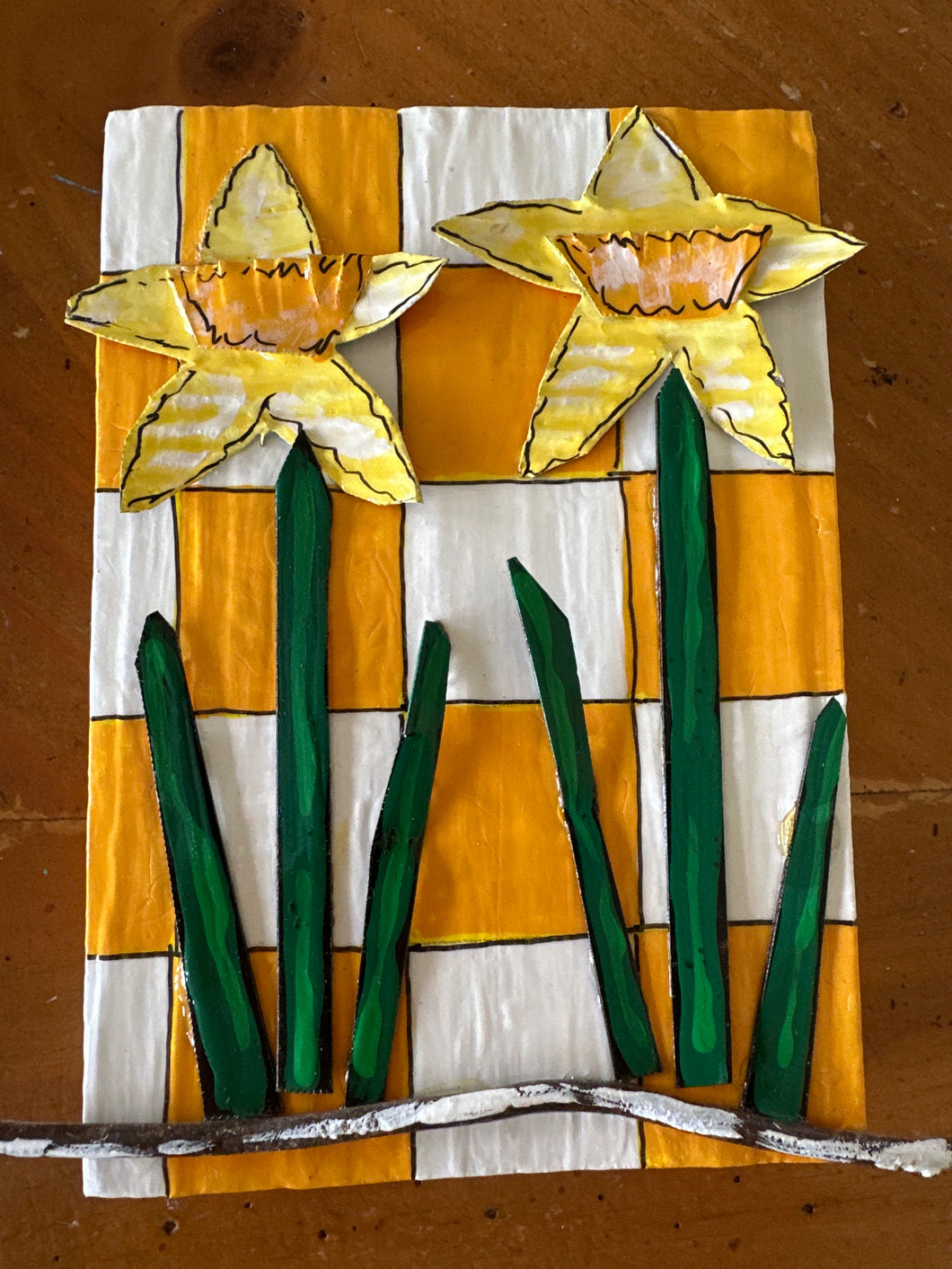 Two Daffodils on Orange and White