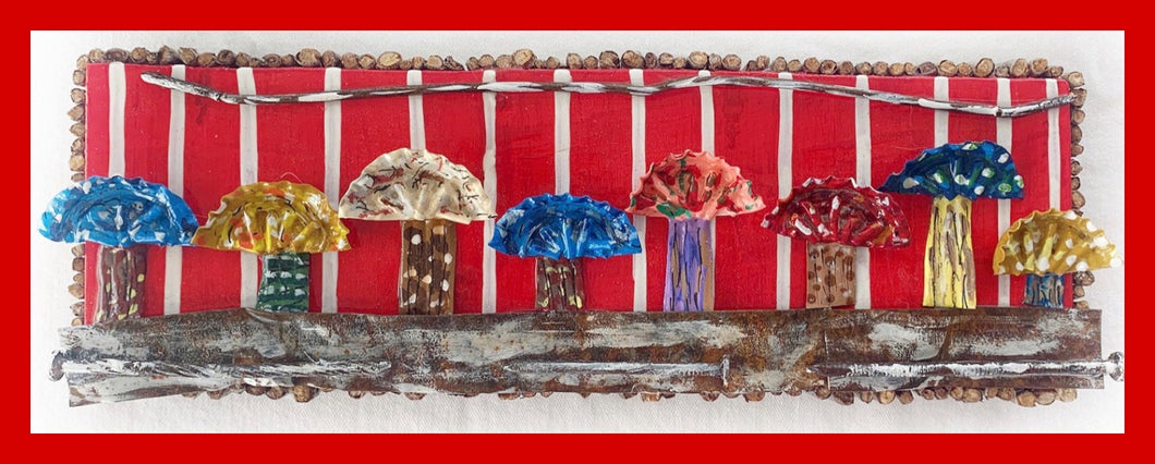 Mushrooms on Red and White