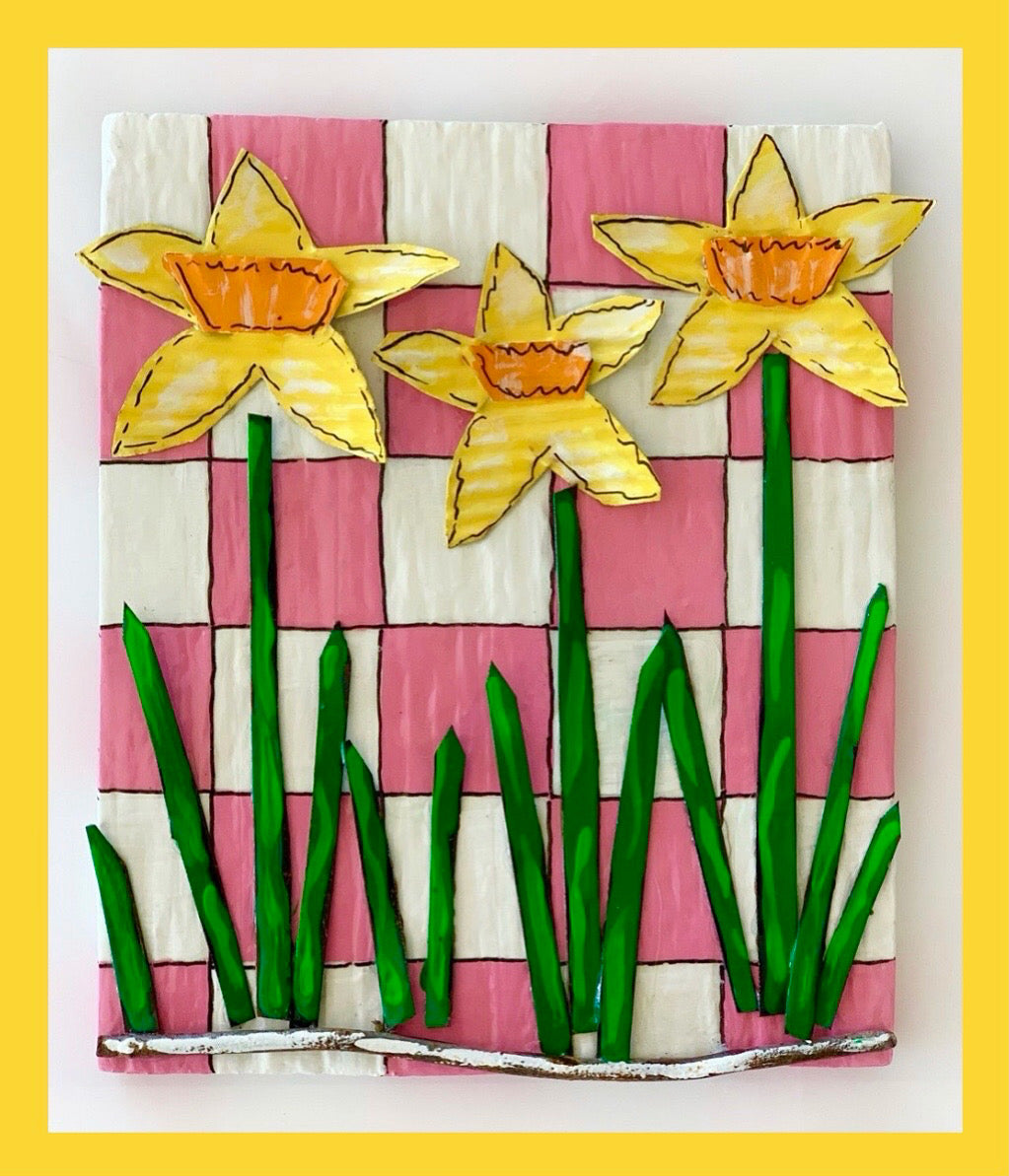 Daffodils on Pink and White Checks