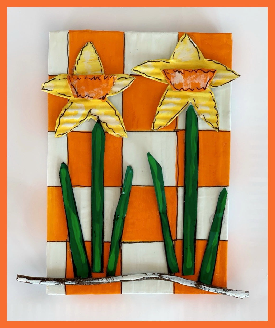Two Daffodils on Orange and White